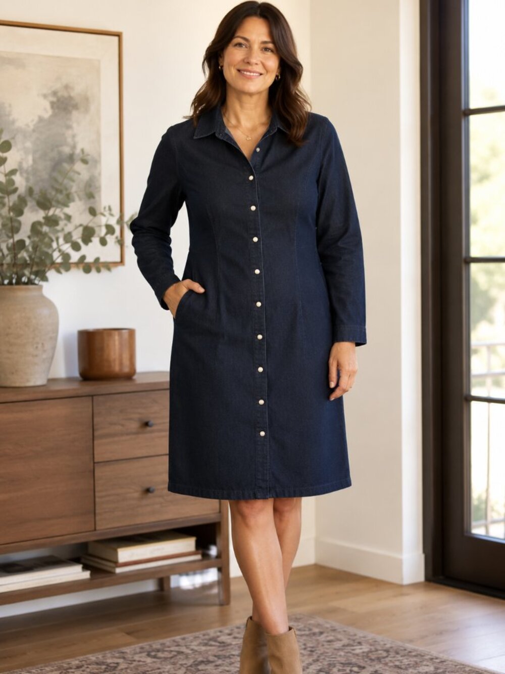 Women's Button Down Denim Shirt Dress Long Sleeve Snap Buttons Pointed Collar